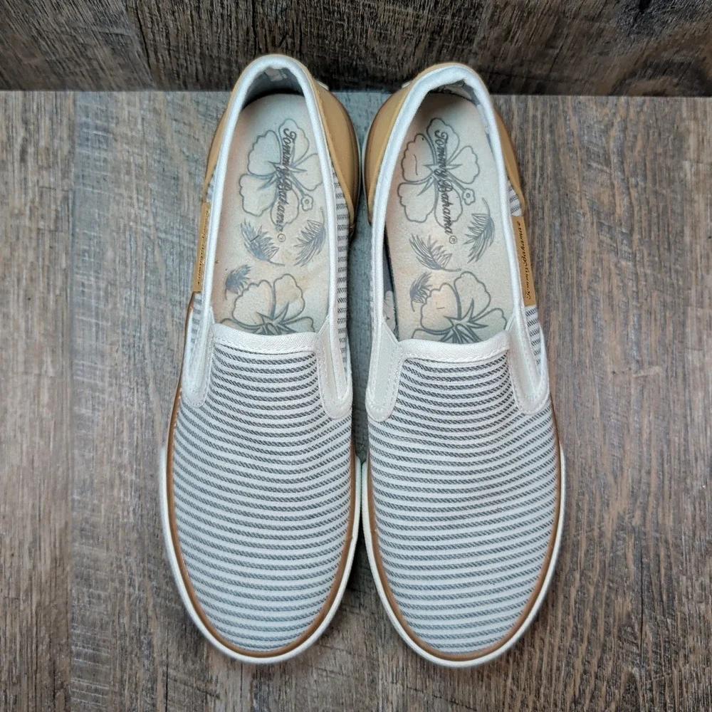Tommy Bahama Slip On Sneakers Womens 7.5 Blue White Striped Canvas Low Top
